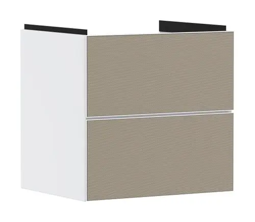 Waschtischunterschrank in Mattweiß mit zwei Schubkästen. Die Fronten sind gelocht und bieten einen offenen Look. Produkt von Hansgrohe für Badezimmer.